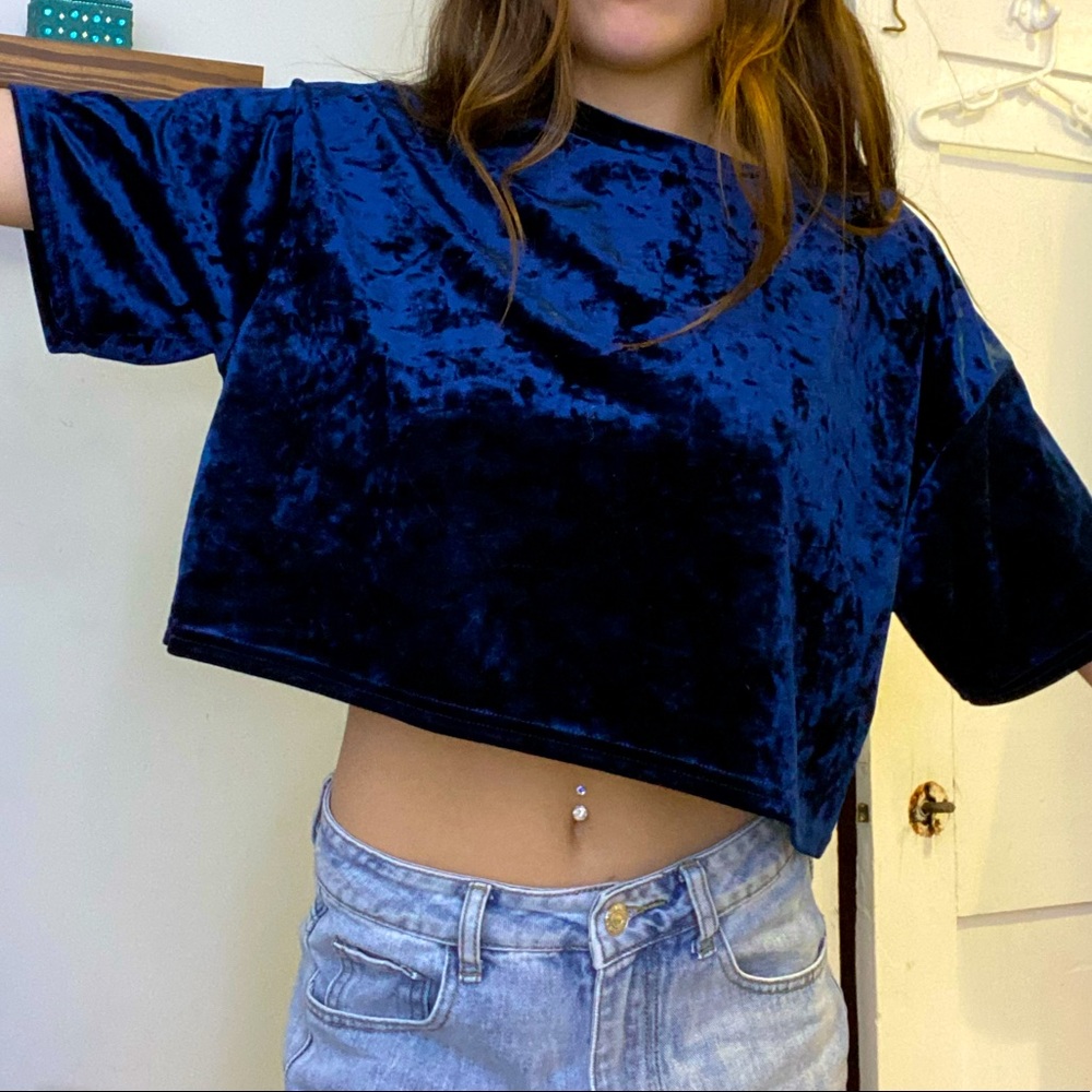Urban Outfitters Navy Blue Velvet Crop Tee